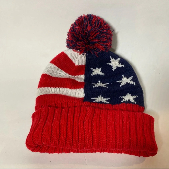 American Flag Red White and Blue Puff Ball Beanie One Size Olympics Gear - Picture 2 of 3